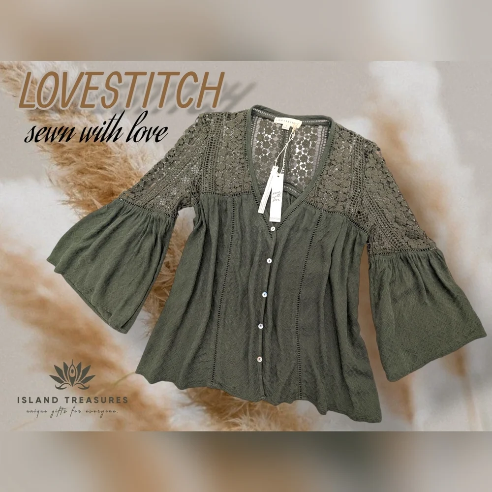 NWT LOVESTITCH Olive Green Sahara Mixed Lace Top Sz Small Rayon Flowy Boho Chic - Picture 17 of 17